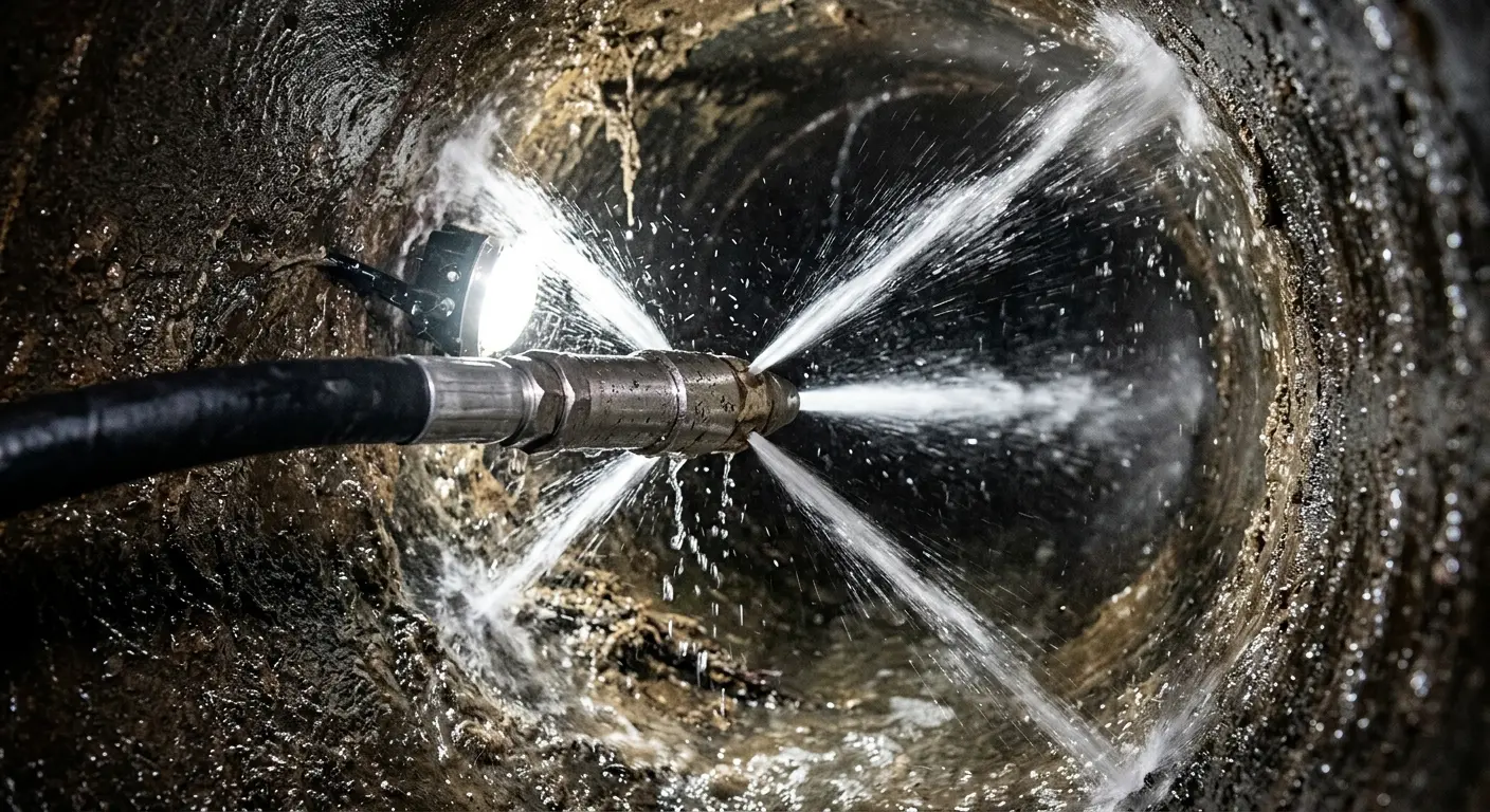 High-pressure hydro jetting nozzle cleaning sewer pipe for Trenchless Sewer Repair in Red Bank