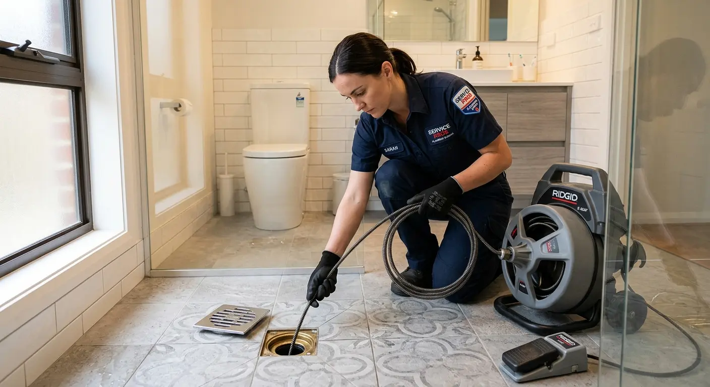 Technician clearing a bathroom floor drain for Sewer Line Installation in Red Bank